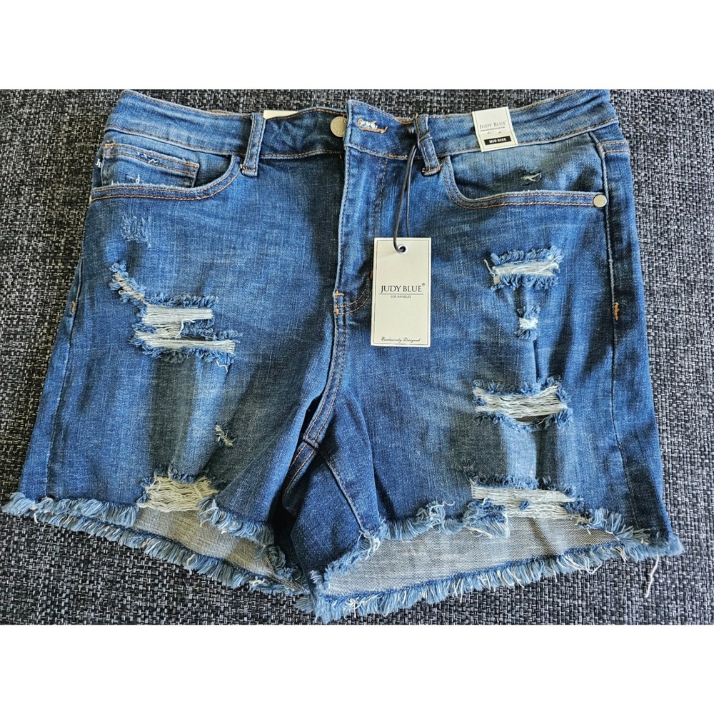 Judy Blue‎ Denim Shorts Womens XL Blue NEW Distressed Mid Rise Frayed